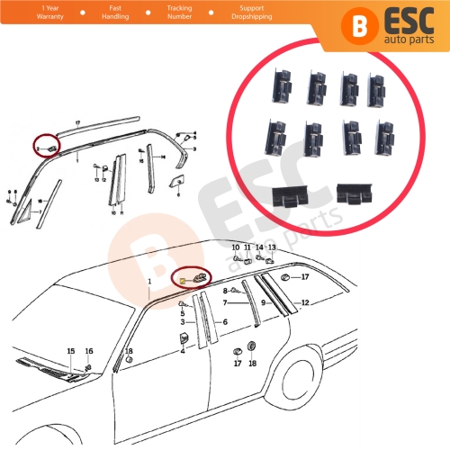 10 Pieces Roof Drip Rail Moulding Clamp for BMW 5 Series E34 7 Series E32 E38 51131924953