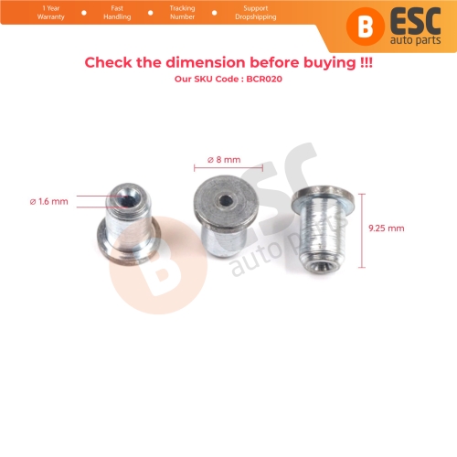 BCR020 Window Regulator Cable Wire Rope End Pin Stop Rivet 8x9.25/1.6 mm 100 Pcs