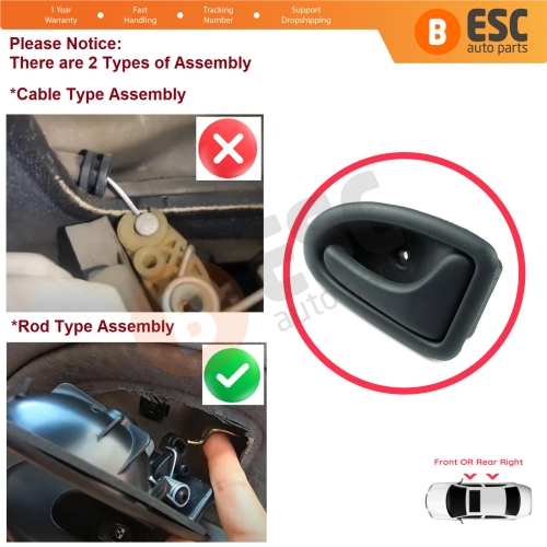 Inner Door Handle Right Gray Rod Type for Renault Clio 2 Scenic Megane 1 Trafic Master 2 Mascott Logan 1 Movano Vivaro A Interstar Primastar 1 Daily 7700434717