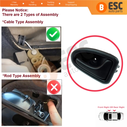 Inner Door Handle Right Black Cable Type for Renault Clio 2 Scenic Megane 1 Trafic Master 2 Mascott Logan 1 Movano Vivaro A Interstar Primastar 1 Daily 8200028995