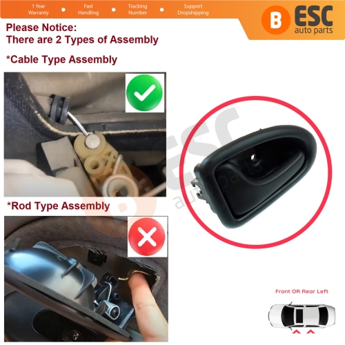 Inner Door Handle Left Black Cable Type for Renault Clio 2 Scenic Megane 1 Trafic Master 2 Mascott Logan 1 Movano Vivaro A Interstar Primastar 1 Daily 8200028994