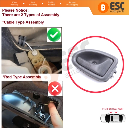 Inner Door Handle Right Gray Cable Type for Renault Clio 2 Scenic Megane 1 Trafic Master 2 Mascott Logan 1 Movano Vivaro A Interstar Primastar 1 Daily 8200028995