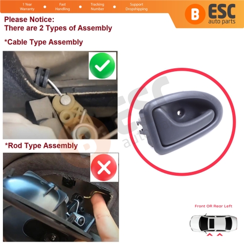 Inner Door Handle Left Gray Cable Type for Renault Clio 2 Scenic Megane 1 Trafic Master 2 Mascott Logan 1 Movano Vivaro A Interstar Primastar 1 Daily 8200028994