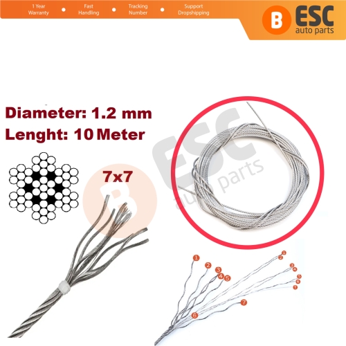 10 meter Car Door Hood Trunk Release Locking Latch Bowden Repair Cable AISI 304 Steel Wire Rope 7x7 Strands Diameter 1.2 mm
