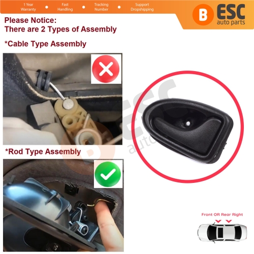 Inner Door Handle Right Black Rod Type for Renault Clio 2 Scenic Megane 1 Trafic Master 2 Mascott Logan 1 Movano Vivaro A Interstar Primastar 1 Daily 7700434717