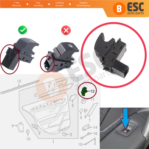 Passenger Door Window Switch Single Control Button 4 Pin for VW Crafter 2 Golf 7 Passat B8 Polo 6 Octavia 4 Superb 3 Leon 3 Ibiza 5 Ateca Audi A1 MK2 5G0959855D