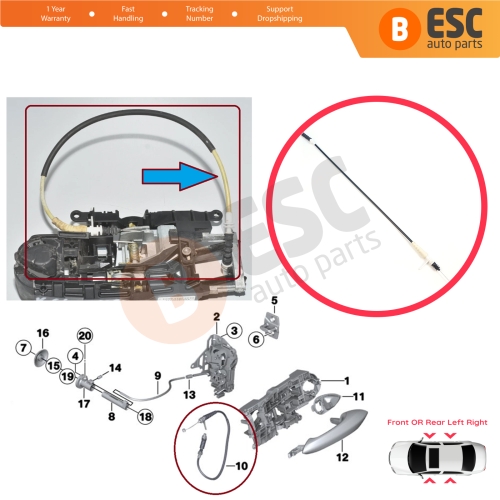 Exterior Door Handle Bowden Cable for BMW 5 Series F10 F11 6 F13 F12 F06 7 F01 F02 F03 F04 51217297439