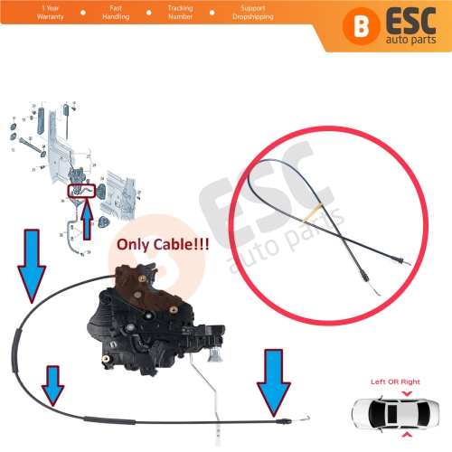 Side Sliding Door Lock Release Cable for VW Transporter T5 T5.1 T6 Carevelle Multivan 2009-2024 7E0843653 7E0843654