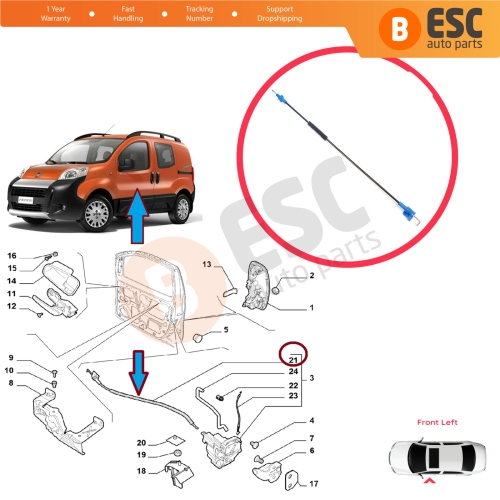 Front Left Door Inner Handle Lock Release Cable for Fiat Fiorino MK3 225 Qubo 2007-2016 Citroen Nemo Peugeot Bipper 2008–2017 1365222080