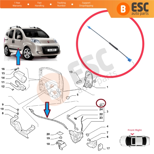 Front Right Door Inner Handle Lock Release Cable for Fiat Fiorino MK3 225 Qubo 2007-2016 Citroen Nemo Peugeot Bipper 2008–2017 1354711080