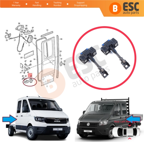 2 Pieces Double Crew Cab Rear Door Hinge Brake Stop Check Assy Limiter Strap for VW Crafter MK2 e-Crafter MAN TGE e-TGE 2017-On 7CA839249A