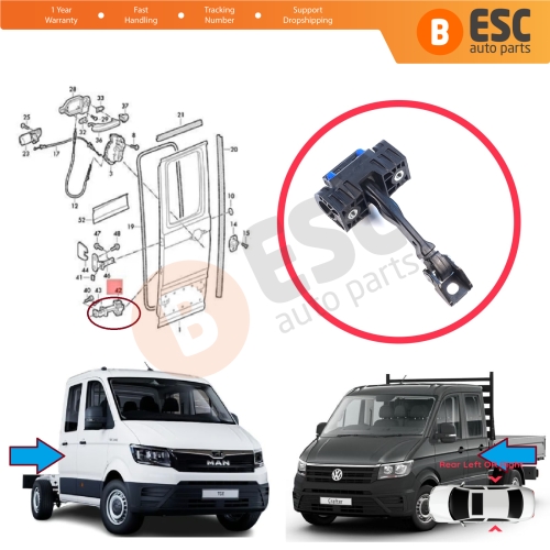 Double Crew Cab Rear Door Hinge Brake Stop Check Assy Limiter Strap for VW Crafter MK2 e-Crafter MAN TGE e-TGE 2017-On 7CA839249A