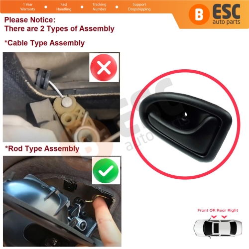 Inner Door Handle Right Black Rod Type for Renault Clio 2 Scenic Megane 1 Trafic Master 2 Mascott Logan 1 Movano Vivaro A Interstar Primastar 1 Daily 7700434717
