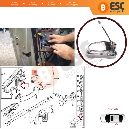Car Door Handle Carrier Bracket Handle Housing Rear Left 51228243635 For BMW X5 E53 2000-2006