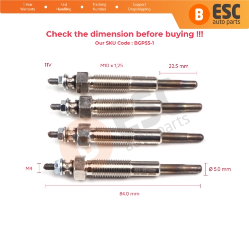 4 Pcs Heater Glow Plugs GJ1302MA 010 22 336 for Ford Mazda Kia Suzuki 2.0 2.2 2.5 2.7