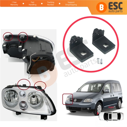 Headlight Holder Mount Repair Bracket Tab Set Right Side for VW Touran MK1 2003-2010 Caddy MK3 2004-2010 Pre-Facelift 1T0998226