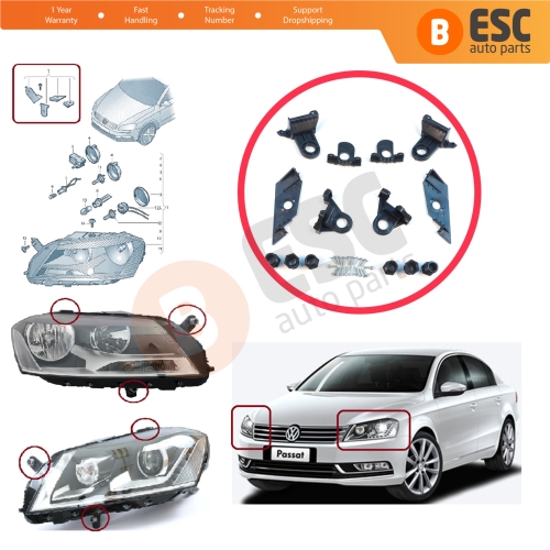 Headlight Holder Mount Repair Bracket Tab Set Left Right Side for VW Passat 3C B7 362 365 2011-2014 3AA998225 3AA998226