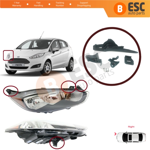 Headlight Holder Mount Repair Bracket Tab Set Right Side for Ford Fiesta B299 B409 B479 2013-2019 D2BZ13008J