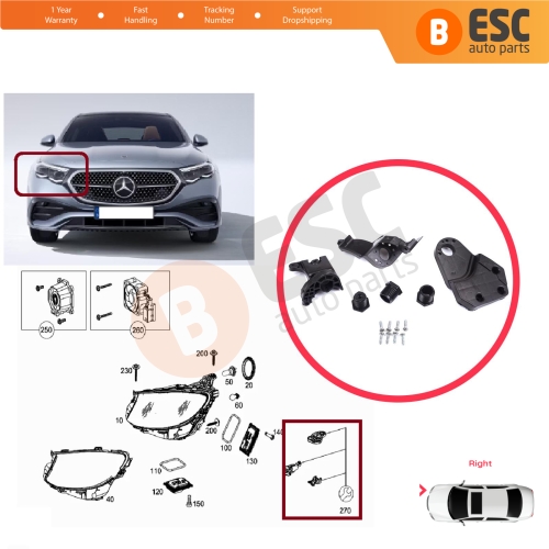 Headlight Holder Mount Repair Bracket Tab Set Right Side for Mercedes E Class W213 X213 W238 C238 A238 2016-2020 A2138202200
