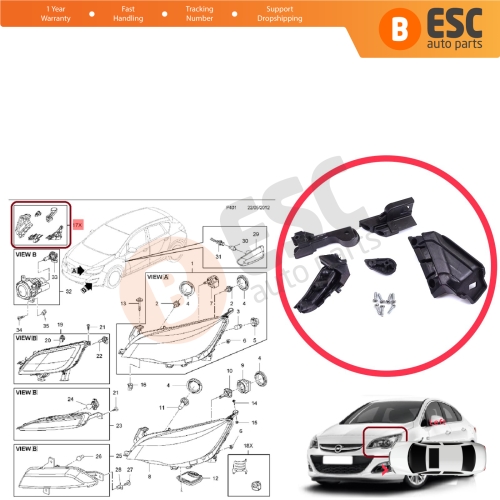 Headlight Holder Mount Repair Bracket Tab Set Left Side for Vauxhall Opel Astra J MK4 P10 2009-2015 4/5 Door GTC 2011-2018 13335737