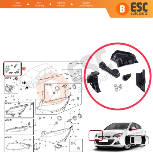 Headlight Holder Mount Repair Bracket Tab Set Right Side for Vauxhall Opel Astra J MK4 P10 2009-2015 4/5 Door GTC 2011-2018 13335737