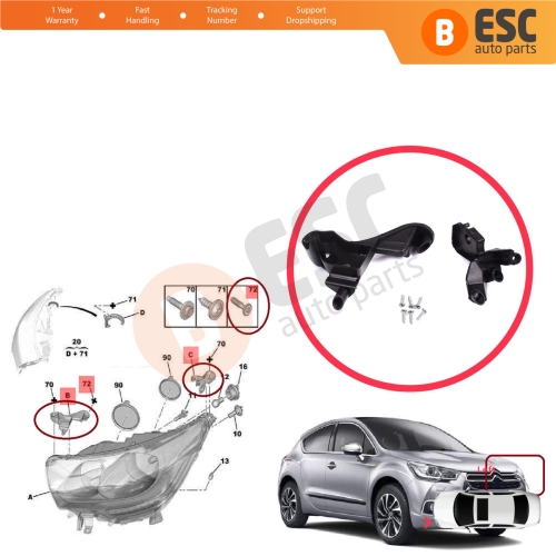 Headlight Holder Mount Repair Bracket Tab Set Left Side for Citroen C4 MK2 B7 NC 2009-2018 DS4 MK1 NX 2010-2015 6212H1