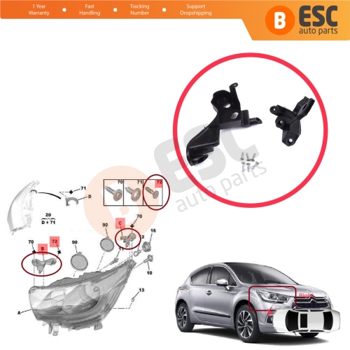 Headlight Holder Mount Repair Bracket Tab Set Right Side for Citroen C4 MK2 B7 NC 2009-2018 DS4 MK1 NX 2010-2015 6212H0