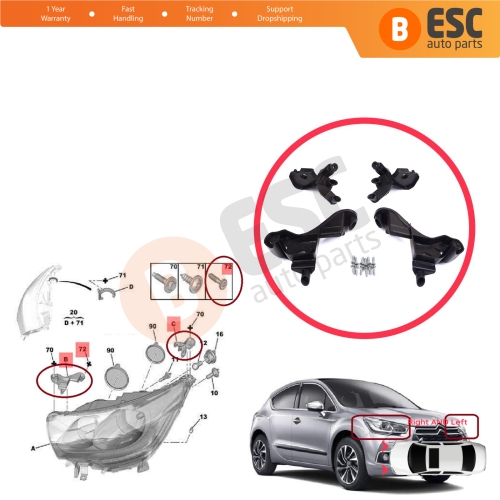 Headlight Holder Mount Repair Bracket Tab Set Left Right Side for Citroen C4 MK2 B7 NC 2009-2018 DS4 MK1 NX 2010-2015 6212H1 6212H0