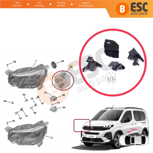 Headlight Holder Mount Repair Bracket Tab Set Right Side for Peugeot Rifter Partner K9 2018-On 9824198780