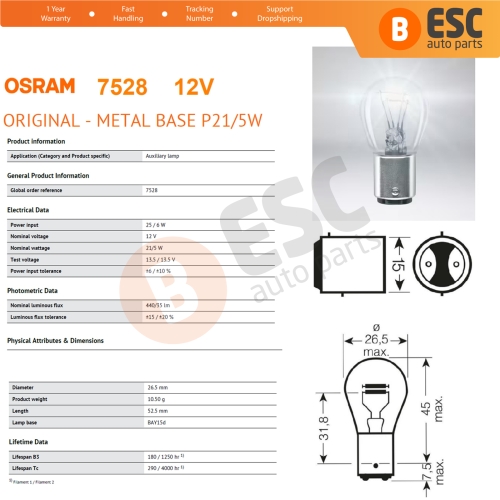 10-Piece Pack OSRAM 7528 21/5 W 12 V BAY15d ORIGINAL Series Bulbs with Metal Base