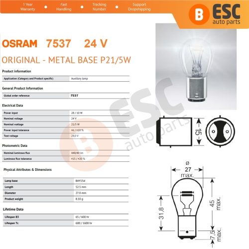10-Piece Pack OSRAM 7537 21/5 W 24 V BAY15d ORIGINAL Series Bulbs with Metal Base