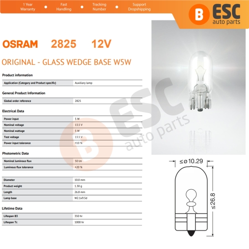 10-Piece Pack OSRAM 2825 W5W 12V ORIGINAL Series Clear Bulbs