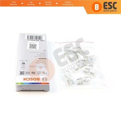 10-Piece Pack BOSCH 1987302819 Basic Eco Series W5W 12V 5W 501 Clear Bulbs