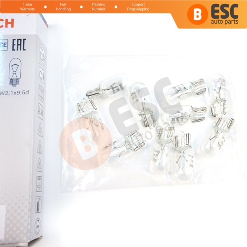 10-Piece Pack BOSCH 1987302819 Basic Eco Series W5W 12V 5W 501 Clear Bulbs