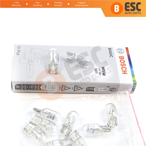 10-Piece Pack BOSCH 1987302819 Basic Eco Series W5W 12V 5W 501 Clear Bulbs