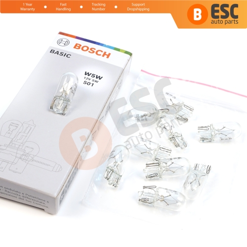 10-Piece Pack BOSCH 1987302819 Basic Eco Series W5W 12V 5W 501 Clear Bulbs