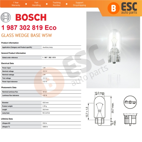 10-Piece Pack BOSCH 1987302819 Basic Eco Series W5W 12V 5W 501 Clear Bulbs