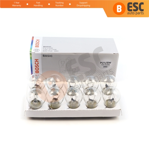 10-Piece Pack BOSCH 1 987 302 814 P21/5 W 12 V BAY15d 380 Basic Series Bulbs with Metal Base