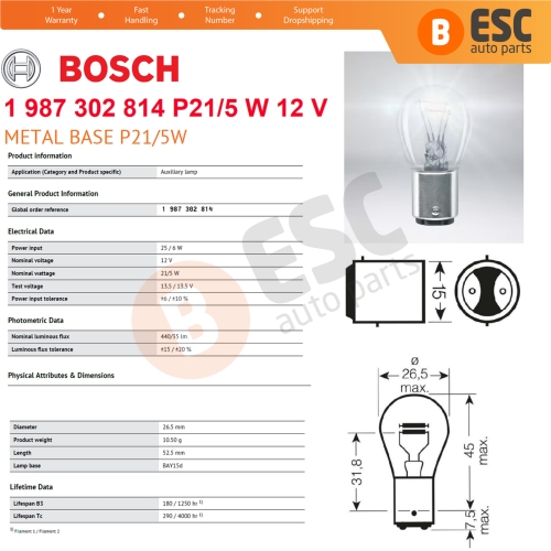 10-Piece Pack BOSCH 1 987 302 814 P21/5 W 12 V BAY15d 380 Basic Series Bulbs with Metal Base