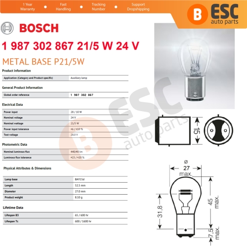 10-Piece Pack BOSCH 1 987 302 867 21/5 W 24 V BAY15d 334 Eco Truck Series Bulbs with Metal Base