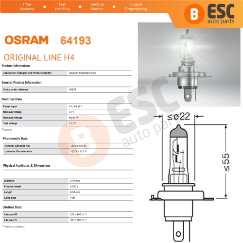10 Pieces OSRAM ORIGINAL 64193 12V 60/55W H4 P43t Halogen Bulb for Headlight Low-Beam High-Beam Fog Lamp
