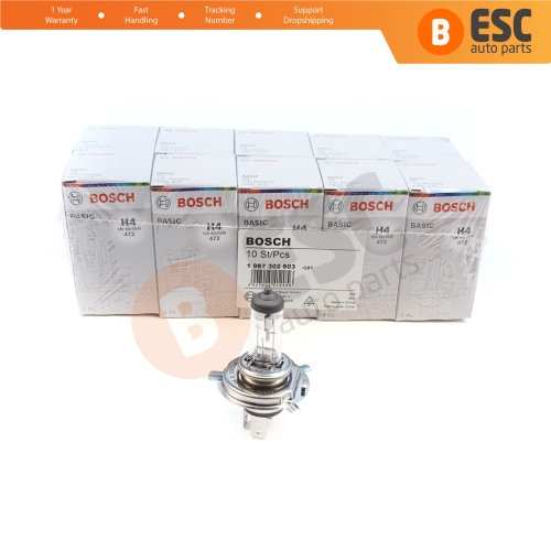 10 Pieces BOSCH BASIC 1 987 302 803 12V 60/55W H4 Halogen Bulb for Headlight Low-Beam High-Beam Fog Lamp