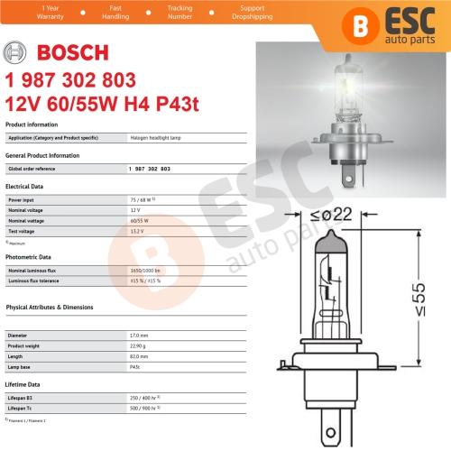 1 Piece BOSCH BASIC 1 987 302 803 12V 60/55W H4 Halogen Bulb for Headlight Low-Beam High-Beam Fog Lamp