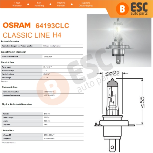 10 Pieces OSRAM CLASSIC 64193CLC 12V 60/55W H4 P43t Halogen Bulb for Headlight Low-Beam High-Beam Fog Lamp