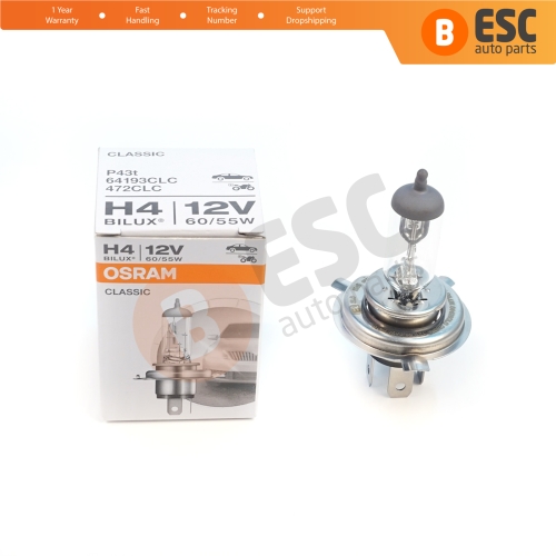1 Piece OSRAM CLASSIC 64193CLC 12V 60/55W H4 P43t Halogen Bulb for Headlight Low-Beam High-Beam Fog Lamp