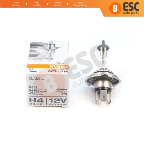 1 Piece OSRAM CLASSIC 64193CLC 12V 60/55W H4 P43t Halogen Bulb for Headlight Low-Beam High-Beam Fog Lamp