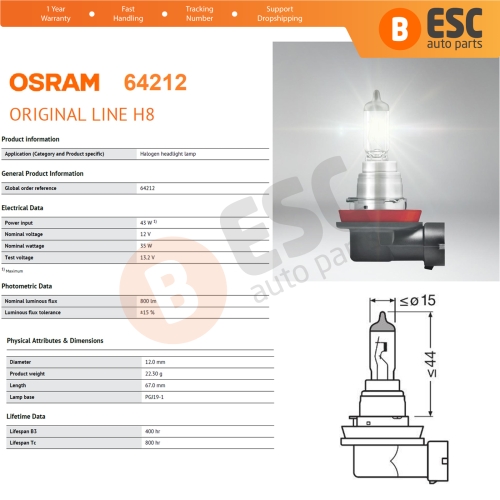 10 Pieces OSRAM ORIGINAL 64212 H8 12V 35W PGJ19-1 Halogen Bulb for Headlight Fog Lamp High Beam Spotlight