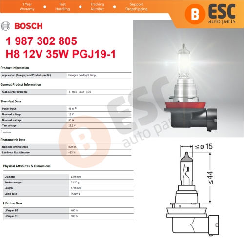1 Piece BOSCH BASIC 1 987 302 805 H8 12V 35W PGJ19-1 Halogen Bulb for Headlight Fog Lamp High Beam Spotlight Bulb