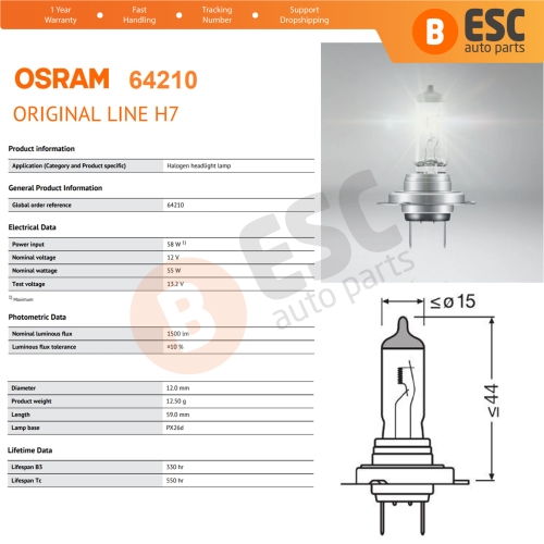 10 Pieces OSRAM ORIGINAL 64210 H7 12V 55W PX26d Halogen Bulb for Headlight Low-Beam High-Beam Fog Lamp
