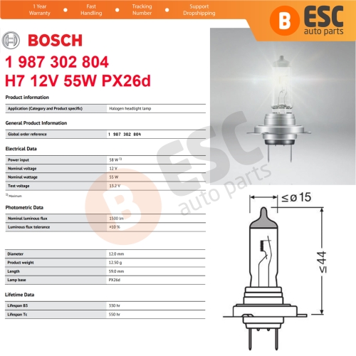 10 Pieces BOSCH BASIC 1 987 302 804 H7 12V 55W PX26d Halogen Bulb for Headlight Low-Beam High-Beam Fog Lamp